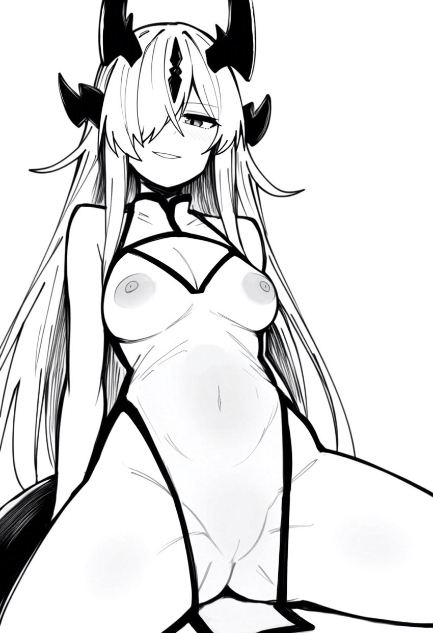 alternate_costume arknights bare_shoulders breasts china_dress chinese_clothes cleavage cleavage_cutout clothing_cutout commentary_request dress eblana_(arknights) female grin groin hair_over_one_eye highres long_hair looking_at_viewer makigirisu medium_breasts monochrome navel nipples one_eye_covered pussy see-through_clothes see-through_dress side_slit simple_background sitting sleeveless sleeveless_dress smile smug solo spread_legs white_background