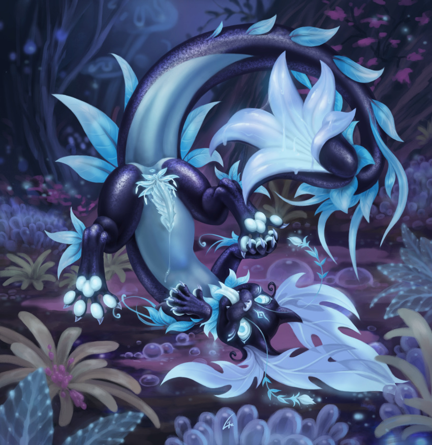 2025 absurd_res animal_genitalia aroused blue_body countershading dr.abyss dragonflora etis feral flower_(anatomy) forest genital_slit genitals glowing glowing_eyes glowing_flesh glowing_genitalia hi_res holding_own_foot looking_at_viewer male pawpads paws penis plant presenting solo spiked_penis spikes spikes_(anatomy) tail tail_mouth tongue tongue_out tree unusual_anatomy unusual_genitalia unusual_tail upside-down