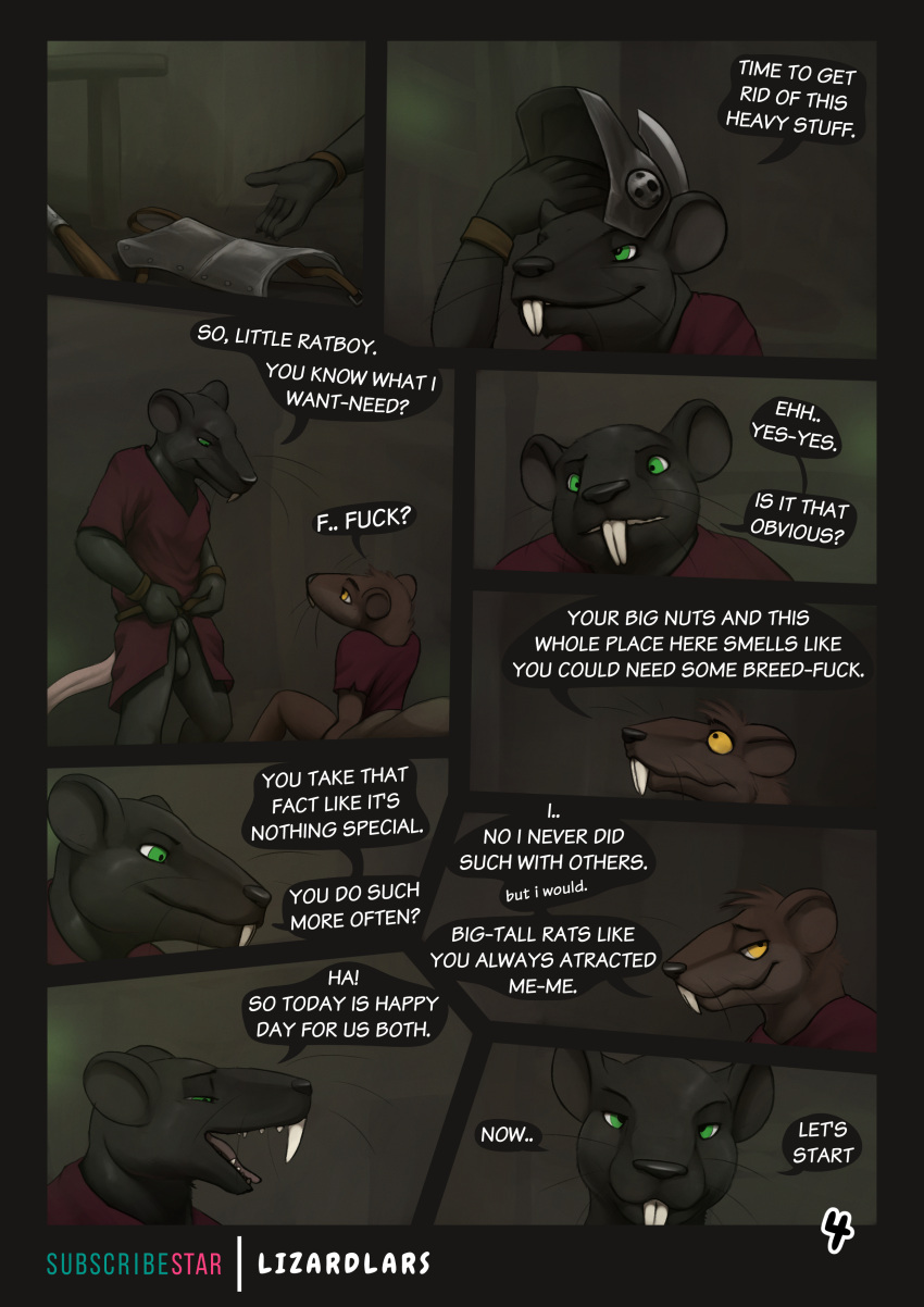 2025 absurd_res animal_genitalia anthro balls biped black_balls black_body black_fur black_sheath bottomless bottomless_anthro bottomless_male brown_body brown_fur buckteeth clothed clothing comic dialogue digital_media_(artwork) duo english_text fully_sheathed fur furgonomic_headwear furgonomics genitals green_eyes hi_res lizardlars male male_anthro mammal profanity rodent sheath skaven snipper speech_bubble teeth text undressing warhammer_(franchise) yellow_eyes