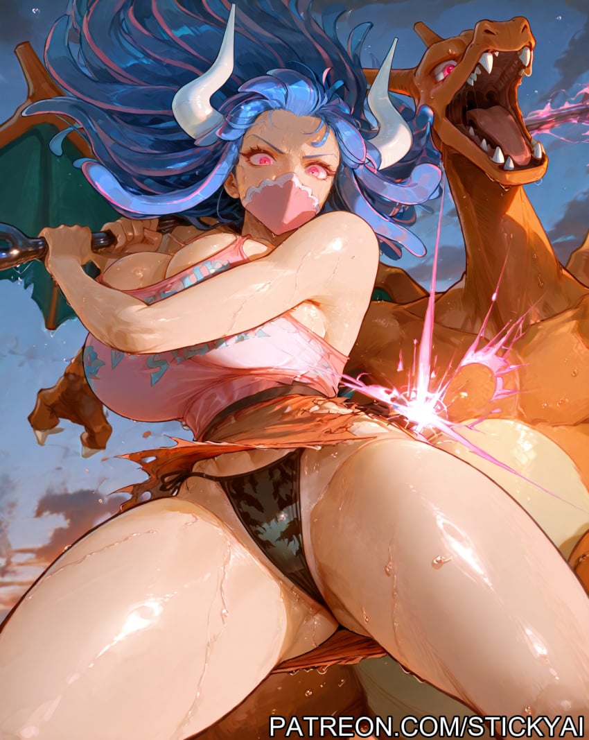 ai_generated blue_hair charizard female multicolored_hair one_piece pink_eyes pink_hair pokemon pokemon_(species) shounen_jump ulti_(one_piece)