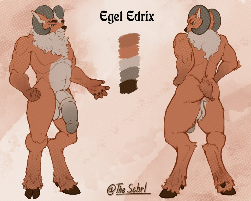 2_horns anthro bovid brown_body caprine full_body furry genitals grey_body grey_horn horn male mammal model_sheet multicolored_body muscular muscular_male nude orange_body penis reference_sheet schorl sheep solo standing two_tone_body unguligrade