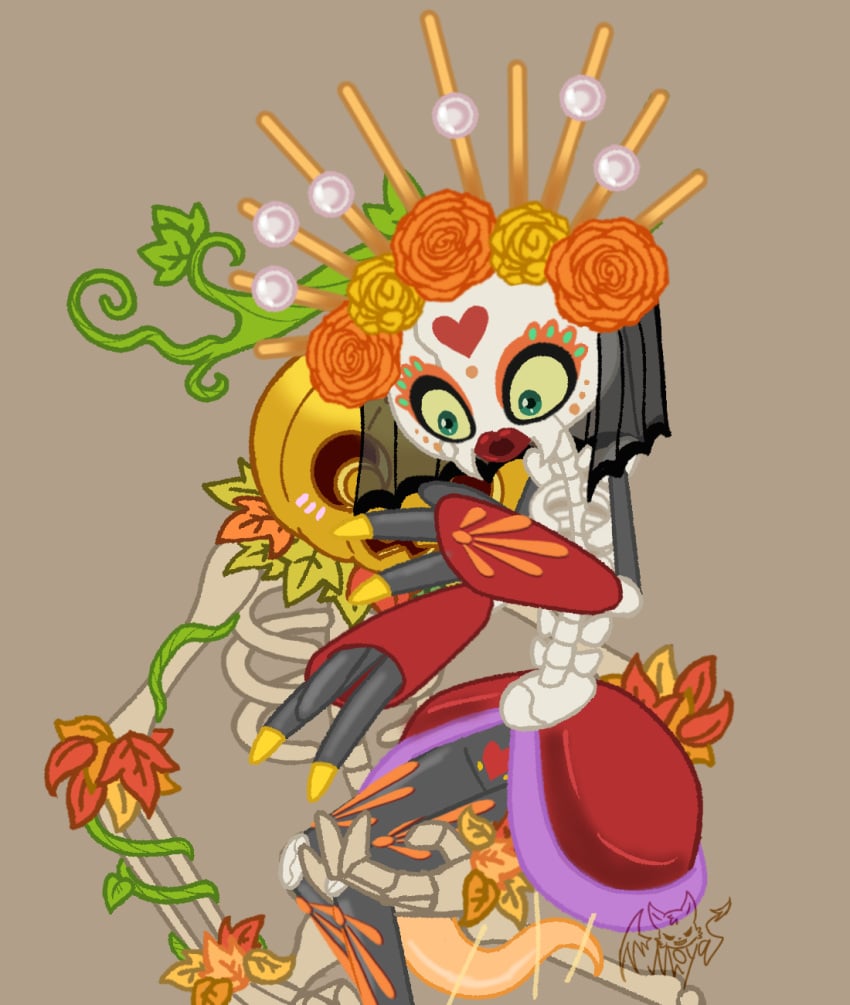 artist_signature blush censored clavavera holding_partner leaf_pubes my_singing_monsters penis pumpkin_head punkleton seasonal_monster sitting_on_lap skeleton surprised tapering_penis true_skeleton
