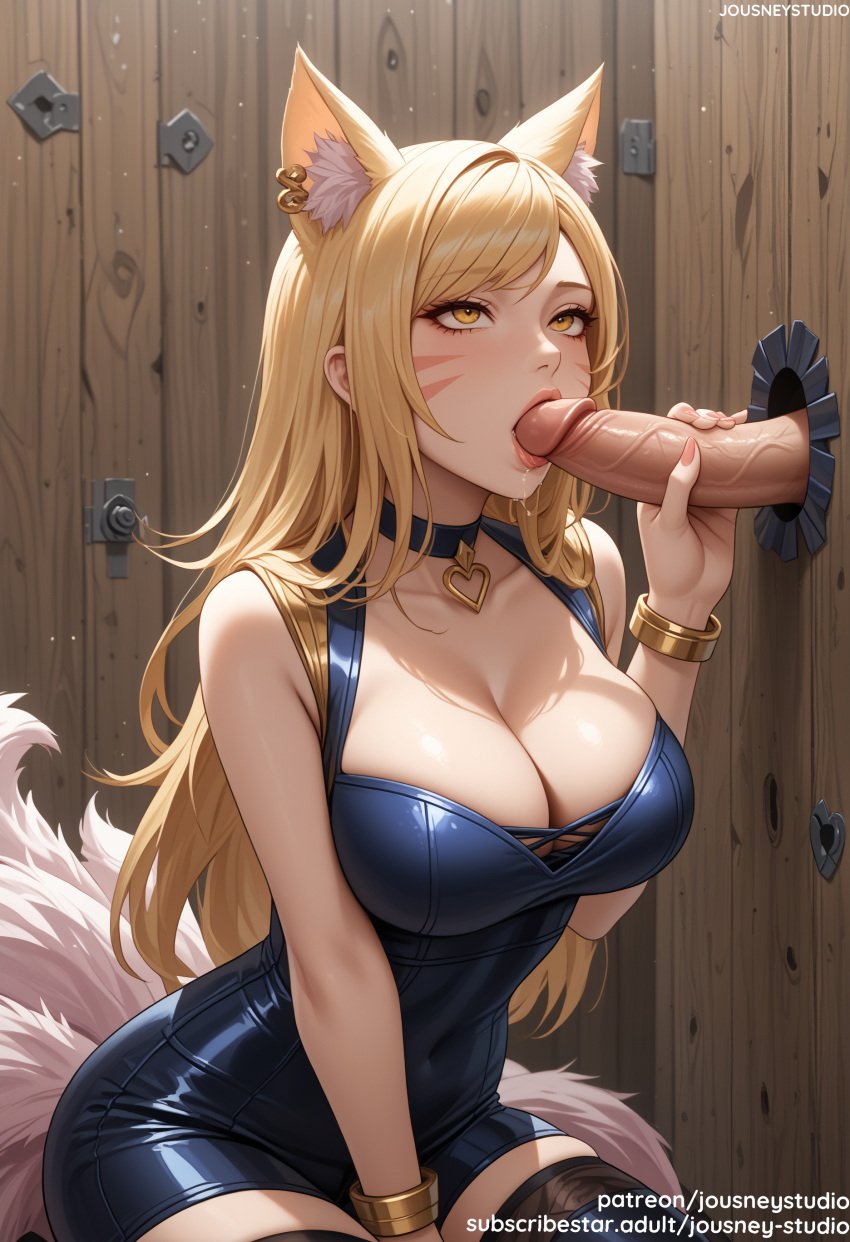 1boy ahri ahri_(league_of_legends) ai_generated animal_ear_fluff animal_ears animal_tail bangs bare_shoulders black_choker blonde_hair blush bracelet breasts choker cleavage clothing covered_navel dress earrings erection facial_mark fellatio female female fox_ears fox_girl fox_tail heart heart_choker jewelry jousneystudio k/da_(league_of_legends) k/da_ahri k/da_all_out_series k/da_series large_breasts league_of_legends lips long_hair looking_at_viewer male oral patreon_username penis piercing riot_games saliva sleeveless solo_focus straight swept_bangs tail thighhighs thighs tongue tongue_out uncensored whisker_markings yellow_eyes