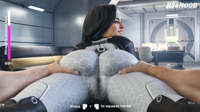 1boy 1girls 3d ass ass_focus big_ass big_butt bioware black_hair bodysuit bubble_ass bubble_butt buttcheeks camel_toe cameltoe dat_ass english_text female female_focus female_only from_behind large_ass long_hair mass_effect mass_effect_3 miranda_lawson pov pov_male r34noob squeezing squeezing_butt teasing thick thick_ass