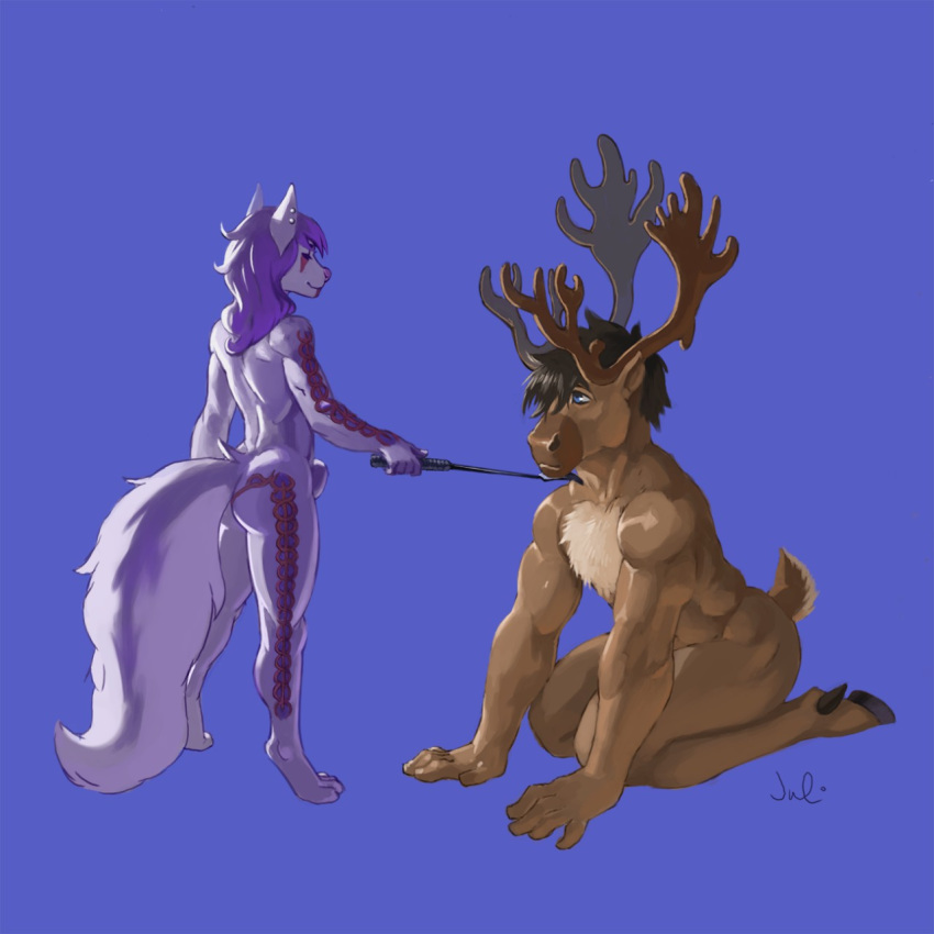 all_fours animal_genitalia anthro antlers canine cervine deer domination duo girly horn julicat male mammal riding_crop sheath smile standing whip yaoi