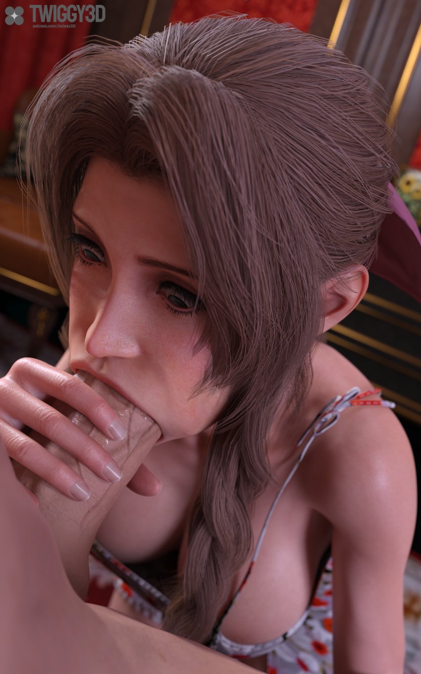 aerith_gainsborough big_breasts big_penis blowjob blowjob_face brown_hair cleavage deepthroat dress final_fantasy final_fantasy_vii final_fantasy_vii_remake huge_breasts huge_cock sloppy_blowjob twiggy3d veiny_penis wide_eyed