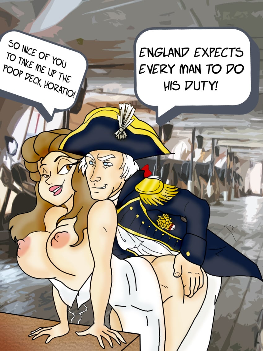 2017 ass breasts brown_hair colonialfox emma_hamilton england english_text from_behind hat history horatio_nelson huge_breasts humor navy sex ship straight uniform