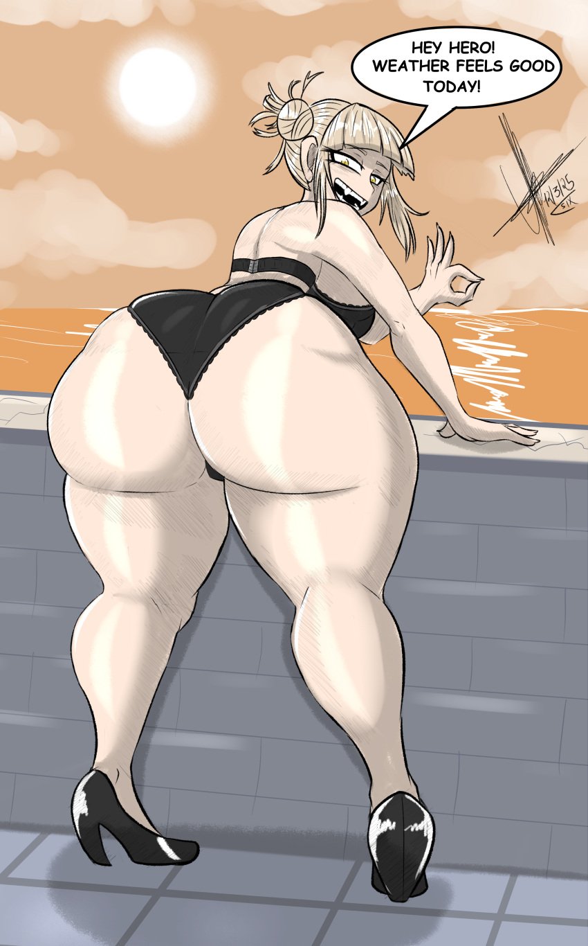 1girls ass bent_over big_ass blonde_hair bottom_heavy bra bubble_butt dat_ass dialogue fat_ass female female_only heels himiko_toga huge_ass large_ass looking_at_viewer looking_back my_hero_academia panties png shoes sixpathoffriendship solo talking_to_viewer text thick_ass thick_thighs wide_hips