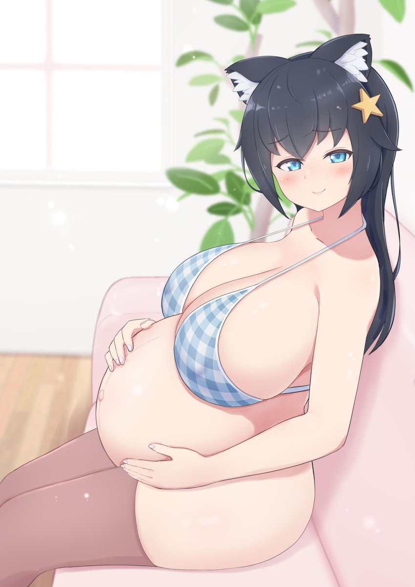 1girls alternate_version_available animal_ears bangs big_breasts bikini bikini_top black_hair blue_eyes blush breasts cleavage couch eyebrows_visible_through_hair female female_focus female_only hair_ornament hands_on_belly indoors kemonomimi large_breasts looking_at_viewer pregnant pregnant_female sitting solo someone_else's_oc star_hair_ornament subten