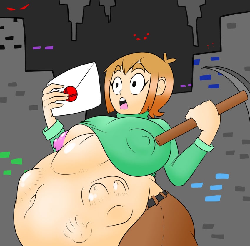 alex_(minecraft) belly_bulge big_belly big_breasts breasts envelope female_pred light-skinned_female light_skin minecraft mr.casino orange_hair pickaxe safe_vore short_hair smash_invitation super_smash_bros. surprised vore