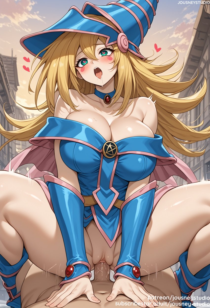 1boy ai_generated areolae bangs bare_shoulders blonde_hair blue_footwear blue_headwear blush blush_stickers boots breasts choker clavicle cleavage clothed_sex clothing cowgirl_position cowgirl_position dark_magician_girl dress duel_monster female female footwear green_eyes hat headwear heart heart-shaped_pupils huge_breasts hypnosis jewelry jousneystudio large_breasts long_hair looking_at_viewer male mind_control navel nipples nude on_top open_mouth outdoors penis pentacle pov saliva sex shiny shiny_skin sitting sky smile solo_focus spellcaster_hat spread_legs squatting_cowgirl_position straddling straight sweat symbol-shaped_pupils thick_thighs thighs tongue uncensored vagina vaginal_penetration wizard_hat yu-gi-oh! yu-gi-oh!_duel_monsters yu-gi-oh!_gx