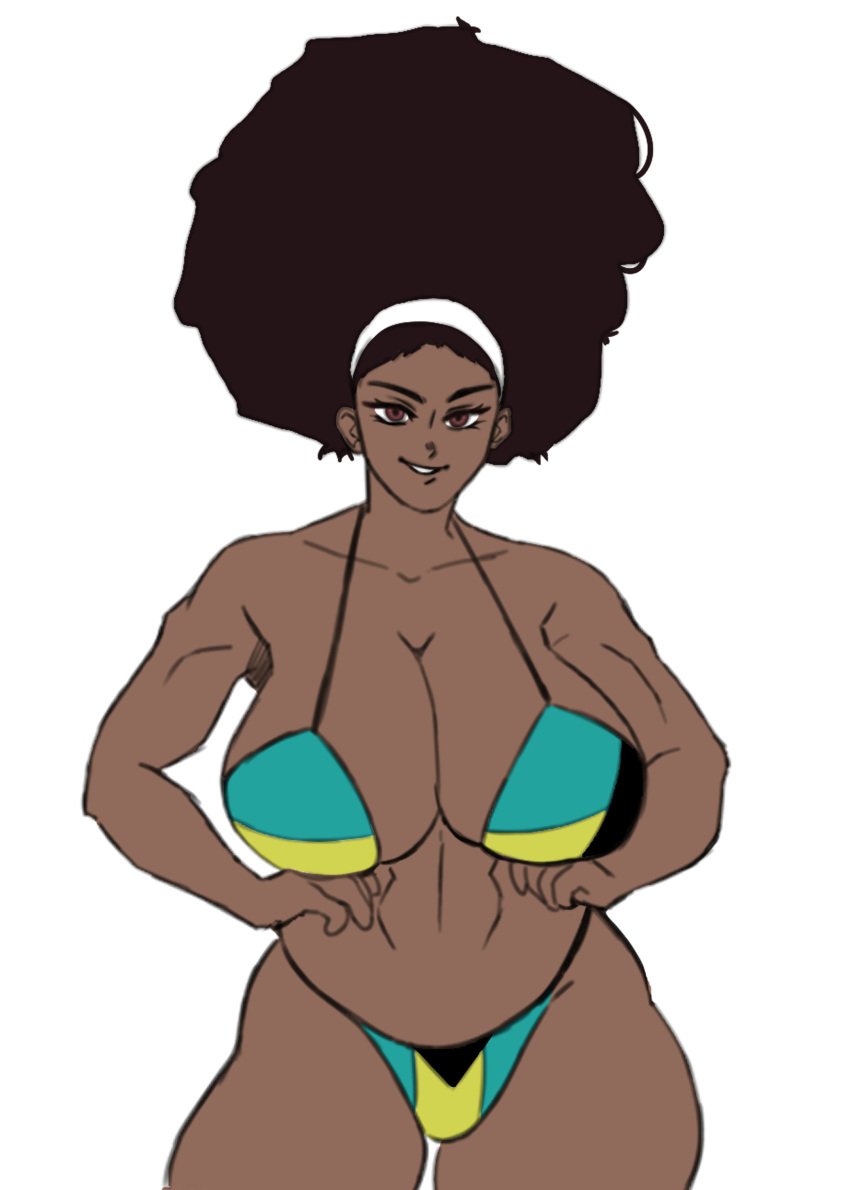 1girls 2024 2d_(artwork) afro belly_button biceps big_breasts bikini breasts clavicle cleavage dark-skinned_female flag_bikini flat_colors hands_on_waist headband looking_at_viewer mature_female milf muscular_female original original_character pochoclogigi sala_rolle_(mermaid_kunoichi) simple_background smiling_at_viewer solo_female solo_focus swimsuit white_background