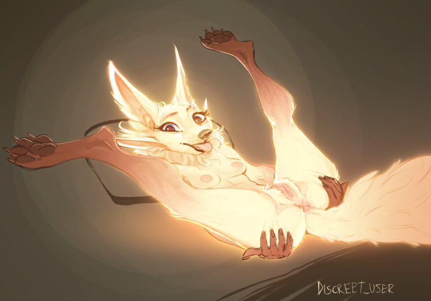 2025 4_ears 4_toes 5_fingers anthro anus areola blep blue_eyes breasts canid canine claws digital_drawing_(artwork) digital_media_(artwork) discreet_user feet female fingers fox fur fyre_fox genitals glowing glowing_body glowing_fur hi_res looking_at_viewer lying mammal multi_ear mylar_(discreet_user) nipples nude on_back pawpads paws pillow pussy simple_background solo spread_legs spreading tail teeth toe_claws toes tongue tongue_out yellow_body yellow_fur yellow_tail