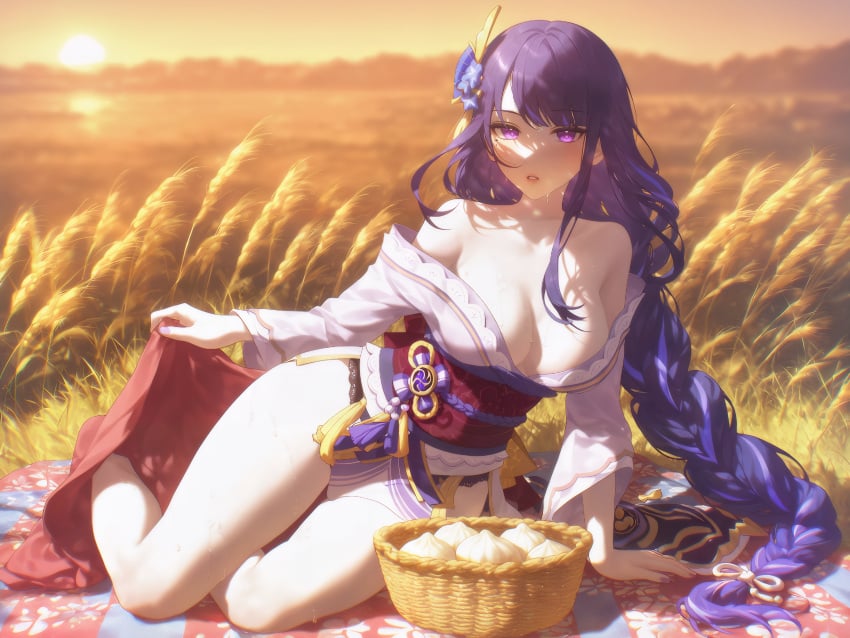 absurd_res ai_generated alternate_costume arm_support backlighting baozi bare_legs bare_shoulders basket black_panties blanket blurry blurry_background blush braid braided_ponytail bread breasts cleavage collarbone depth_of_field evening female field fingernails floral_print flower food full_body genshin_impact grass hair_flower hair_ornament hair_ribbon holding japanese_clothes kimono kimono_lift kimono_pull lace_trim large_breasts leaning_to_the_side legs long_braid long_hair long_sleeves looking_at_viewer medium_breasts ministro mitsudomoe_(shape) mole mole_under_eye mountainous_horizon nail_polish obi obiage obijime off_shoulder on_side open_mouth orange_sky outdoors panties panty_peek parted_lips pelvic_curtain picnic picnic_basket purple_eyes purple_flower purple_hair purple_kimono purple_nails raiden_shogun red_sash ribbon sash short_kimono sidelocks single_braid sitting sky solo sun sunlight sunrise sunset sweat tassel tassel_hair_ornament thighs tomoe_(symbol) towel twilight underwear very_long_hair vision_(genshin_impact) wheat wide_sleeves yokozuwari