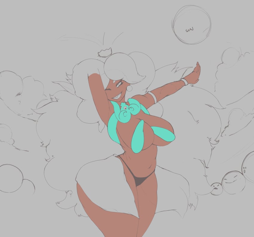 1girls big_breasts carnival costume crowd crown dark-skinned_female marina_(splatoon) mature_female nintendo octoling posing sketch skimpy smile smoxul splatoon_2 thick_thighs thong wide_hips wink