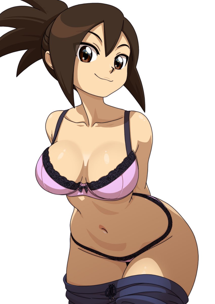 1girls alternate_version_available big_breasts bottomwear bra breasts brown_eyes brown_hair cleavage clothes_lift clothing female female_only hair hands_behind_back hips hope_stelar kyde lace lace-trimmed_bra lace-trimmed_panties lace_trim lingerie mature mature_female mature_woman mega_man mega_man_star_force milf mother pants pants_down pink_bra pink_panties smile solo solo_female thighs tied_hair topwear wide_hips
