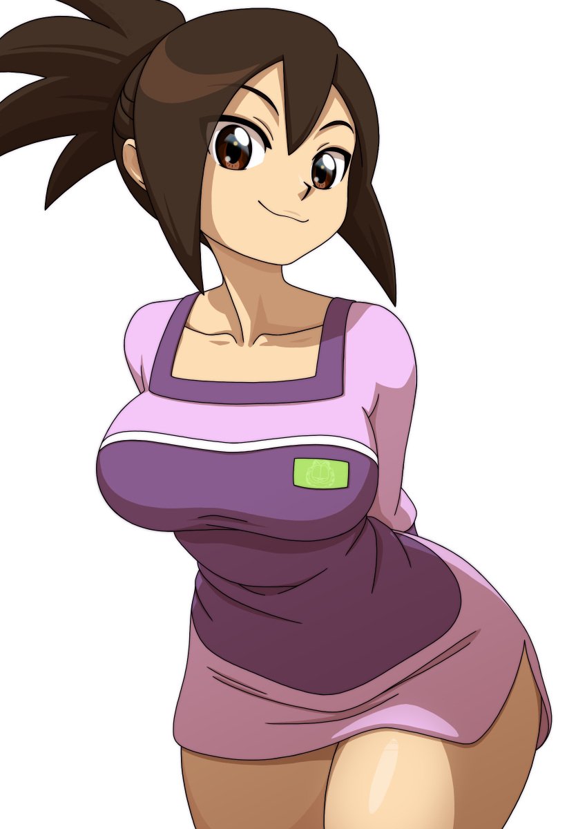 1girls alternate_version_available big_breasts bottomless breasts brown_eyes brown_hair clothing dress_shirt female female_only hair hands_behind_back hips hope_stelar kyde mature mature_female mature_woman mega_man mega_man_star_force milf mother pink_shirt shirt smile solo solo_female thighs tied_hair topwear wide_hips