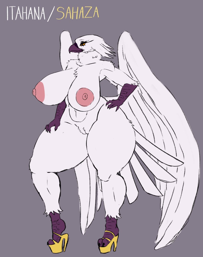 anthro areola avian beak big_breasts breasts clothing feathers feet female footwear genitals hi_res high_heels huge_breasts huge_thighs nipples non-mammal_breasts nude orange_eyes pussy revifrry shoes solo solo_focus tail tail_feathers talons thick_thighs toes white_body wings