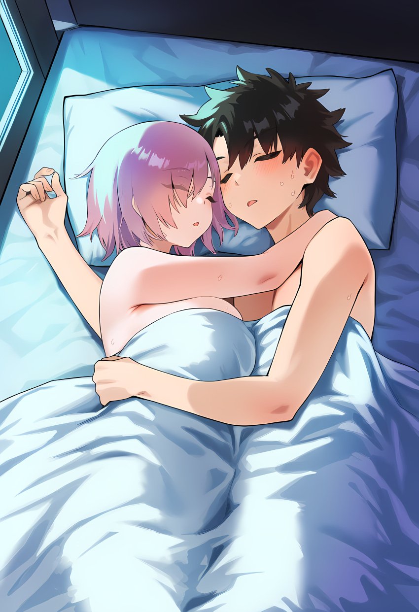 1boy after_sex bangs bare_shoulders bed bed_sheet black_hair blanket blush breasts closed_eyes closed_eyes clothing cuddling embracing eyes_visible_through_hair fate/grand_order fate_(series) female female fujimaru_ritsuka_(male) hair_over_one_eye hug large_breasts lying male mash_kyrielight mashu_kyrielite nude on_back on_bed on_side open_mouth pillow shaddai short_hair sleeping straight sweat under_covers