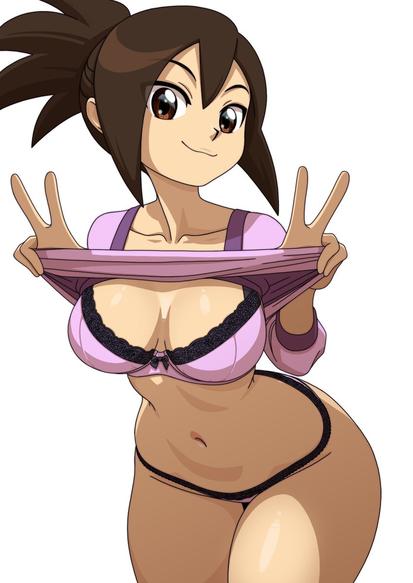 1girls alternate_version_available big_breasts bottomwear bra breasts brown_eyes brown_hair cleavage clothes_lift clothing double_peace_sign female female_only hair hips hope_stelar kyde lace lace-trimmed_bra lace-trimmed_panties lace_trim lingerie mature mature_female mature_woman mega_man mega_man_star_force milf mother peace_sign pink_bra pink_panties pink_shirt shirt shirt_lift smile solo solo_female thick_thighs thighs tied_hair topwear wide_hips