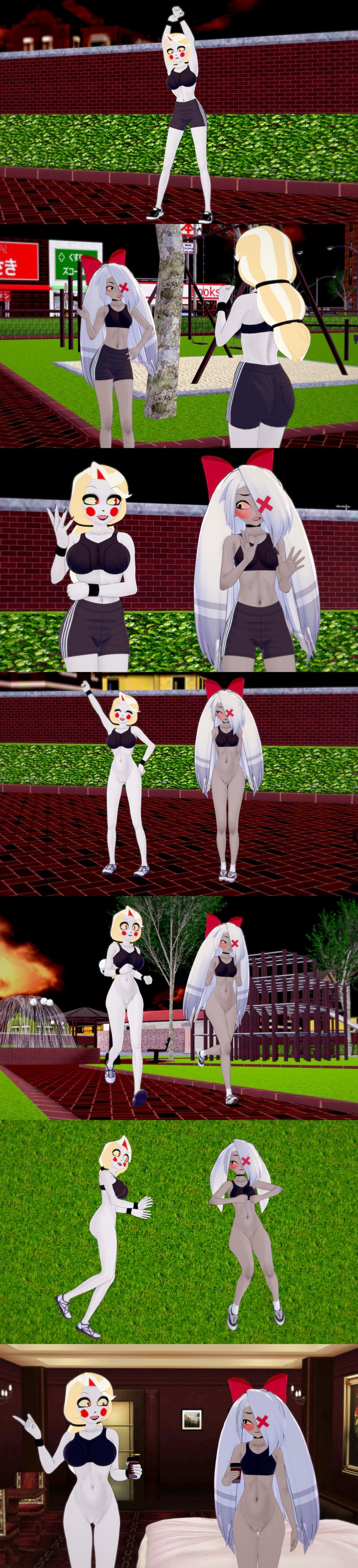 3d bedroom bottomless bottomless_female breasts charlie_morningstar charlie_morningstar_(hazbin_hotel) embarrassed flat_chest hazbin_hotel jogging koikatsu no_dialogue outdoors park pussy retropunch shorts sports_bra sportswear vaggie vaggie_(hazbin_hotel) white_hair white_skin