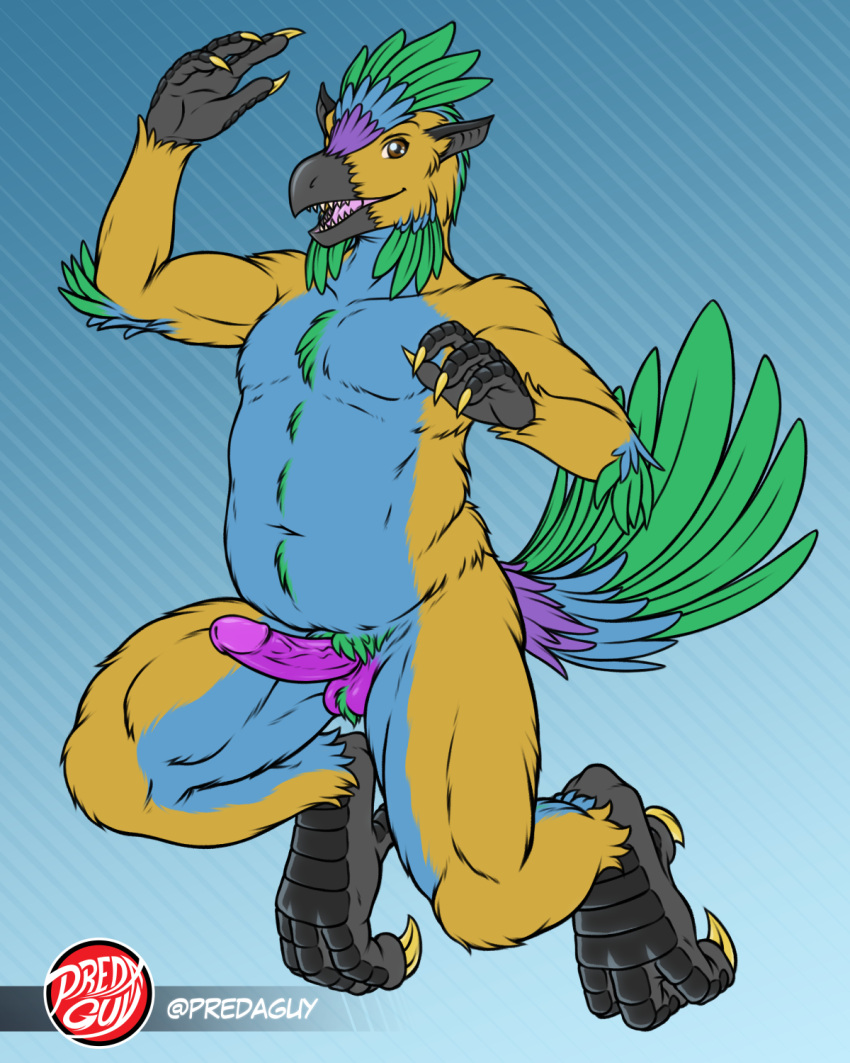 4:5 anthro avian avian_feet balls beak belly blue_body blue_feathers chest_tuft claws countershade_legs countershade_torso countershading dad_body elbow_feathers erection esker_(thealmostderp) fanged_beak feathered_crest feathers finger_claws fluffy genitals green_body green_feathers head_crest hi_res jumping long_ears looking_at_viewer male multicolored_body navel open_mouth orange_body penis predaguy pubes pubic_feathers purple_body purple_feathers scuted_feet scuted_hands scutes tail tail_feathers thick_thighs toe_claws tuft waving_hand