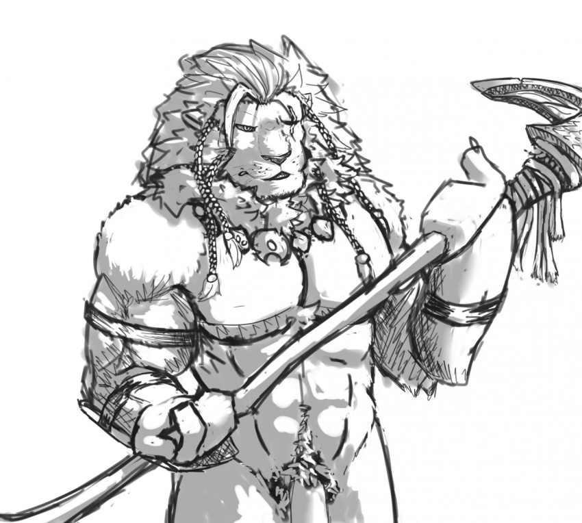 1boy 4dll3rwolf abs ajani_goldmane armor bracers braided_hair eye_scar feline flaccid_penis front_view greyscale holding_object holding_weapon jewelry leonine lion long_hair_male magic_the_gathering male male_only male_pubic_hair mammal mane melee_weapon monk's_spade monochrome muscles muscular_male navel necklace pecs penis penis_base planeswalker polearm pubes scar sketch solo weapon