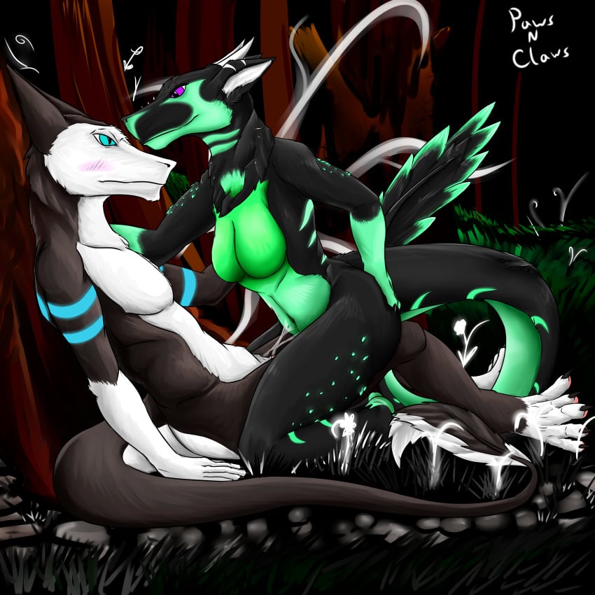 anthro breasts cum dragon faedera feathers female forest jade_(surgethesergal) male pawsnclaws penis sergal surge_(surgethesergal) tree