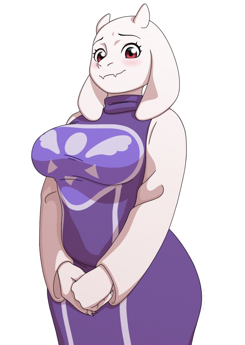1girls alternate_version_available animal_ears anthro big_breasts blush breasts clothing dress female female_only goat_ears hips horns kyde mature mature_female mature_woman milf mother purple_dress red_eyes smile solo solo_female toriel undertale white_body white_skin