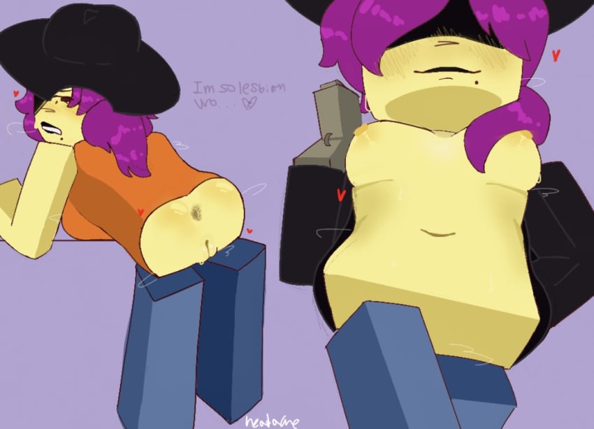 1girls anus arched_back areolae artist_signature ass ass_focus asshole belly belly_button bending_over bent_over big_breasts block blocky_body blush boobs_out breasts breasts_out clothed clothing english_text female female_only forsaken_(roblox) gun hand_on_hip hat head_ache heart jacket jacket_open jane_doe_(forsaken) jane_doe_(roblox) leaning leaning_forward lipstick looking_at_viewer looking_down_at_viewer mature mature_female milf mole mole_under_mouth mommy nipples pink_hair plain_background ponytail presenting purple_hair pussy roblox roblox_game robloxian self_upload shaded_face shiny sigh solo squish squished_breasts standing steam sweat sweating text vest wet wet_pussy yellow_body yellow_skin