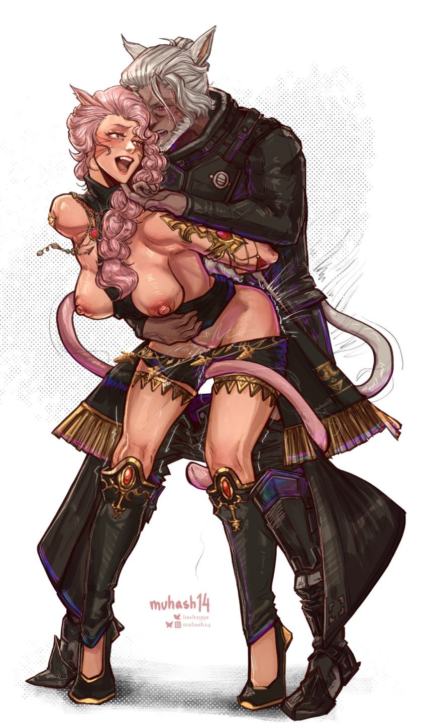 age_difference catgirl female final_fantasy_xiv hand_on_chin male miqo'te muhash14 panties_down sex tail