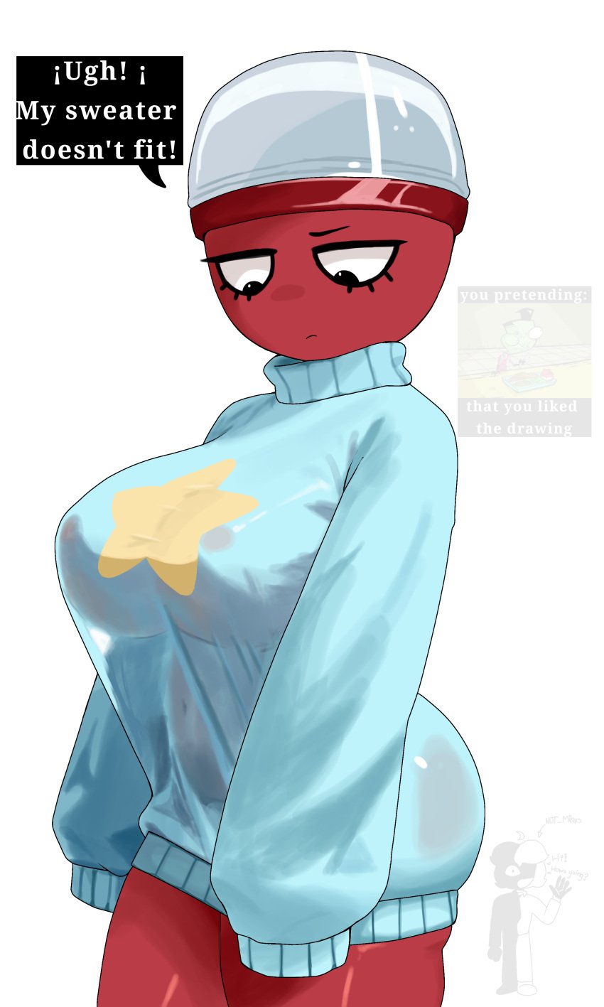 2d dandy's_world dandys_world digital_drawing_(artwork) digital_media_(artwork) english_text female female_focus female_only gigi_(dandy's_world) not_minus red_skin sweater tagme text text_box thick_thighs translucent_clothing white_background