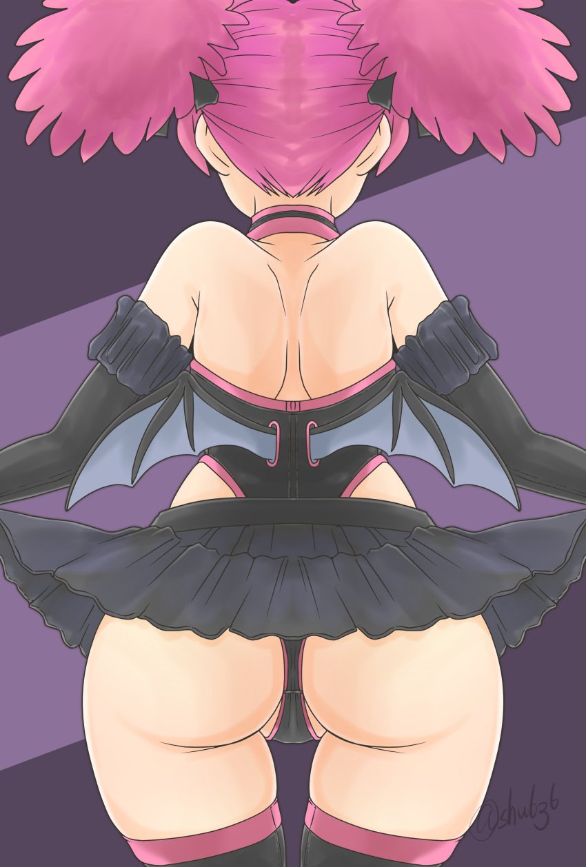 absurdres armpit_crease ass ass_focus black_gloves black_leotard black_skirt black_thighhighs boku_no_hero_academia clothes_lift female from_behind gloves haneyama_kazuho highres leotard lifting_own_clothes my_hero_academia my_hero_academia:_vigilantes partially_visible_vulva pop_step purple_background short_twintails shu~~n signature simple_background skirt skirt_lift solo thighhighs twintails vigilante:_my_hero_academia_illegals