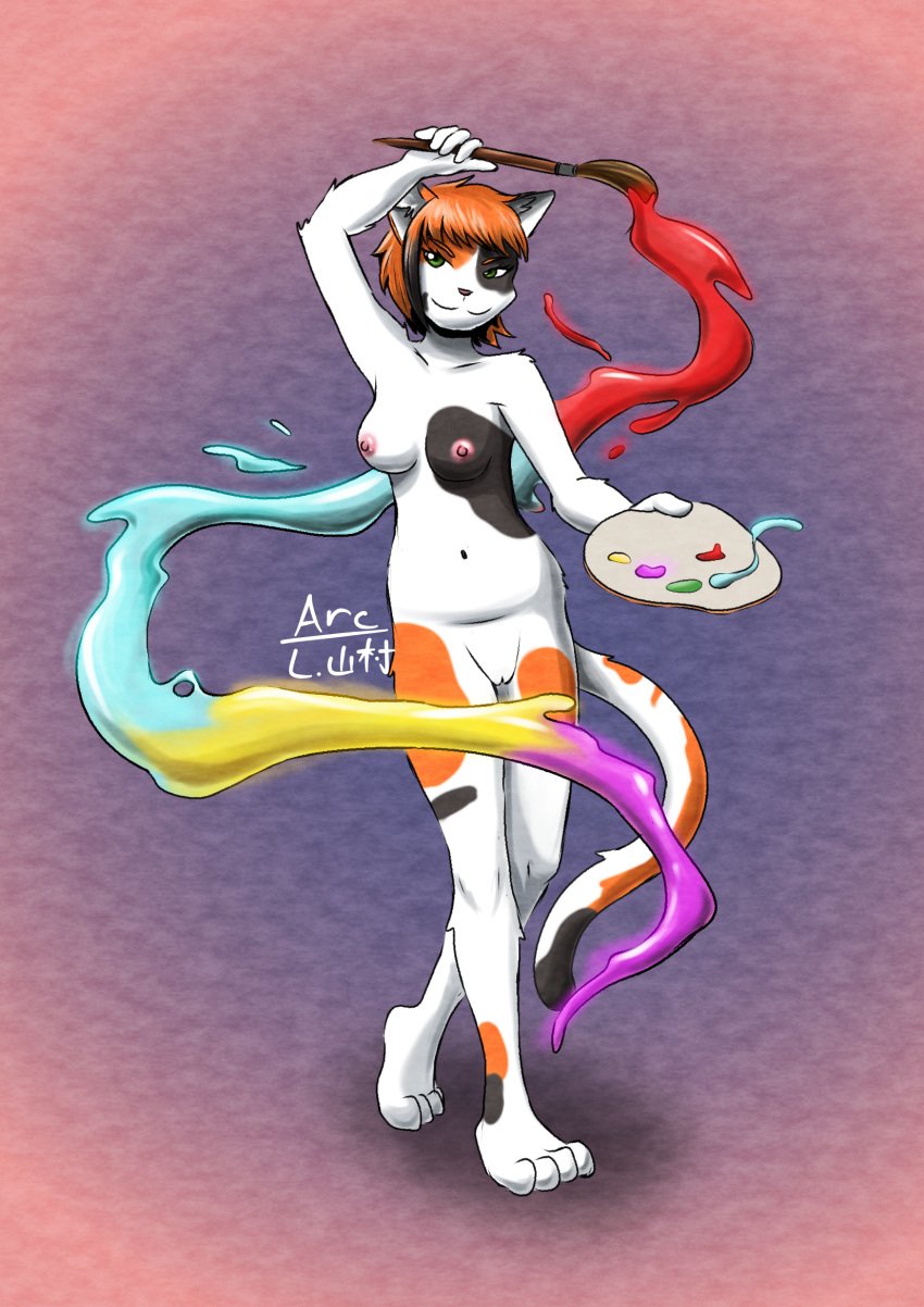 anthro arc_rose breasts brush calico_cat ciera_locuat domestic_cat felid feline felis female genitals hi_res looking_at_viewer magic mammal nipples nude paint pallete pussy simple_background smile solo