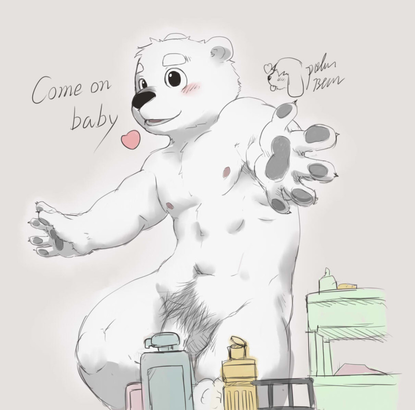 anthro balls bathroom bear beckoning blush colored english_text heart hug male male_only mammal musclegut navel nipples pawpads penis penis_base polakuma pubes signature smile solo spread_arms standing text