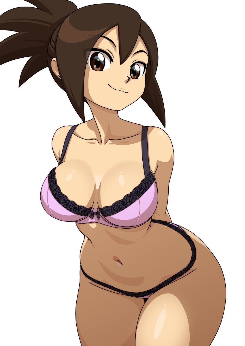 1girls alternate_version_available big_breasts bottomwear bra breasts brown_eyes brown_hair cleavage clothes_lift clothing female female_only hair hands_behind_back hips hope_stelar kyde lace lace-trimmed_bra lace-trimmed_panties lace_trim lingerie mature mature_female mature_woman mega_man mega_man_star_force milf mother pink_bra pink_panties smile solo solo_female thighs tied_hair topwear wide_hips
