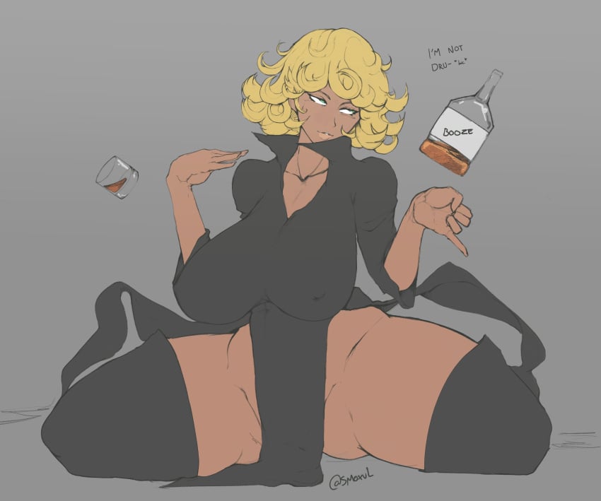 1girls alcohol big_breasts black_clothing blonde_hair bottle clothing curvy dark-skinned_female dialogue drunk female female_only green_eyes looking_sideways nipple_bulge one-punch_man race_swap shot_glass smoxul solo tatsumaki text thick_thighs wide_hips