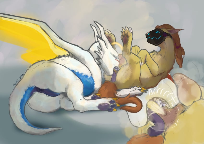 aether_prowler anus ass big_butt blue_anus blue_pawpads brown_body brown_fur claws colorless_fart_cloud dragon duo fart fart_fetish farting_in_mouth feral fur furred_dragon furred_scalie hi_res horn male male/male mythological_creature mythological_scalie mythology pawpads perineum pink_anus pink_pawpads rimming_male scalie teavern white_body white_fur white_horn yellow_claws