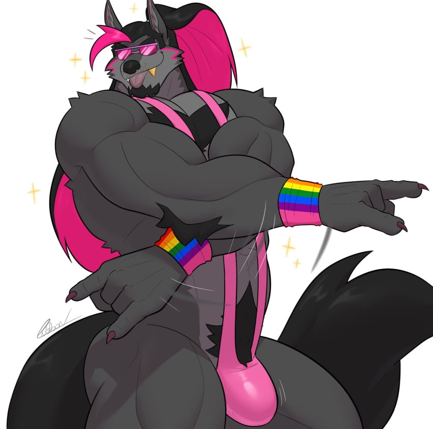bara buff bulge bulge_through_clothing bulge_through_swimsuit furry gay gay_furry male mankini pink_mankini sexy wolf