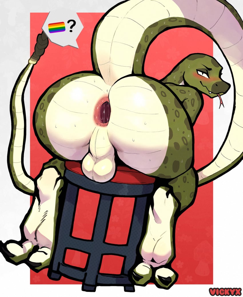 ai_generated anthro anus ass backsack balls big_butt blush bodily_fluids countershade_butt countershade_tail countershading fangs forked_tongue gaping gaping_anus genitals green_body green_scales hi_res lgbt_pride long_tail looking_at_viewer looking_back looking_back_at_viewer male nude_male perineum pit_viper presenting presenting_hindquarters pride_colors rainbow_flag rainbow_pride_flag rainbow_symbol rattle_(anatomy) rattlesnake reptile scales scalie sitting_on_stool snake solo sweat sweaty_butt tail teeth thick_tail tongue tongue_out ventral_scales vickyx viper