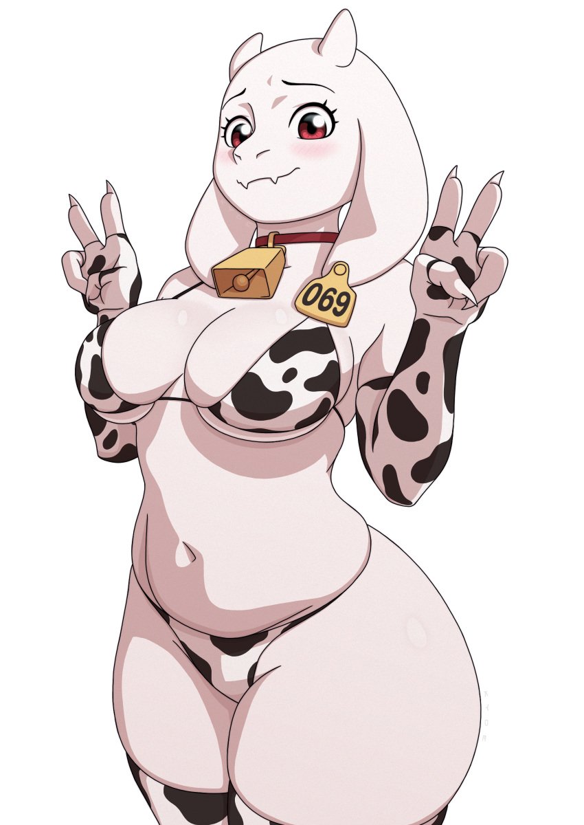 1girls alternate_color alternate_costume alternate_version_available animal_ears anthro big_breasts bikini bikini_bottom bikini_top blush bottomwear breasts cleavage cow_print cow_print_armwear cow_print_bikini cow_print_gloves cow_print_legwear cow_print_thighhighs cowbell double_peace_sign ear_piercing female female_only fingerless_gloves gloves goat_ears hips horns kyde legwear mature mature_female mature_woman milf mother neckwear peace_sign red_eyes smile solo solo_female swimwear thighhighs thighs topwear toriel undertale white_body white_skin wide_hips