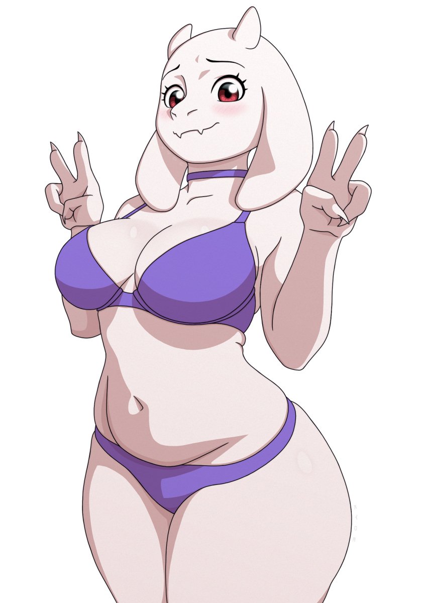 1girls alternate_version_available animal_ears anthro big_breasts blush bottomwear bra breasts choker cleavage double_peace_sign female female_only goat_ears hips horns kyde mature mature_female mature_woman milf mother neckwear panties peace_sign purple_bra purple_panties red_eyes smile solo solo_female thighs topwear toriel undertale white_body white_skin wide_hips