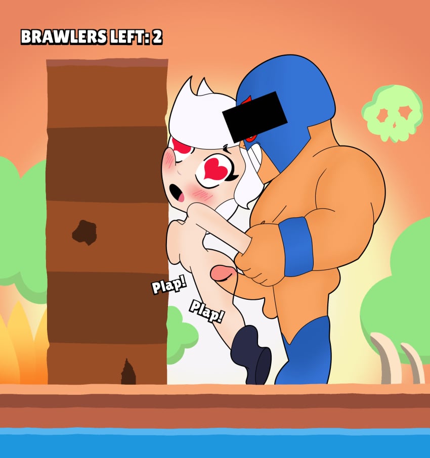 ahe_gao anal anal_sex brawl_stars censored censored_eyes colette_(brawl_stars) doggy_style el_primo_(brawl_stars) male muscles muscular muscular_male onomatopoeia penetration self_upload side_view sirsmol standing standing_sex tongue tongue_out x-ray