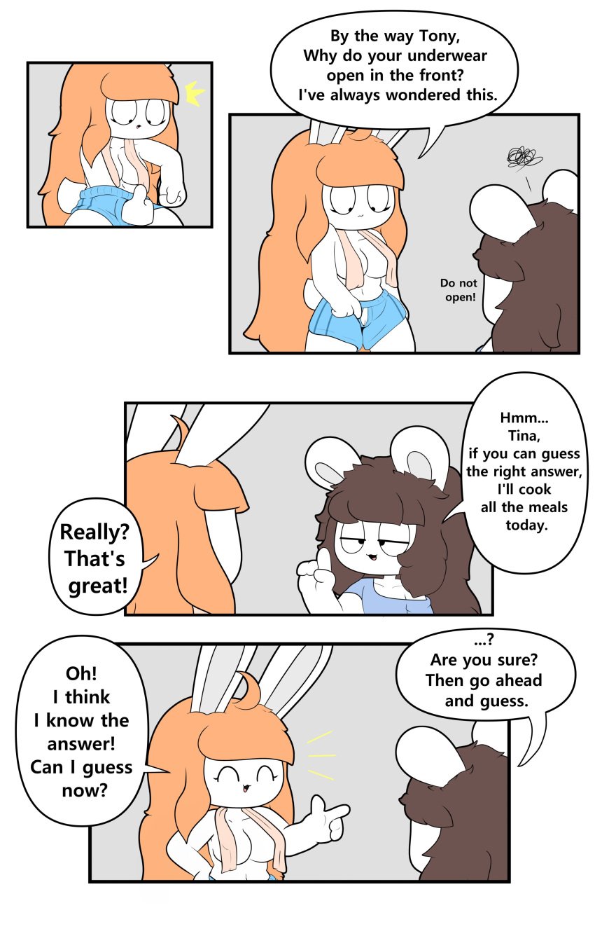 absurd_res anthro breasts chinchilla chinchillid clothed clothing comic dialogue duo english_text female genitals gesture hand_gesture hi_res lagomorph leporid male mammal pussy rabbit rodent text thumbs_up tina_(tonytoran) tony_(tonytoran) tonytoran topless