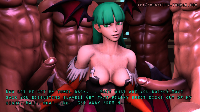 3d clothing dark-skinned_male dark_skin darkstalkers dialogue english_text female gangbang interracial mindbreak morrigan_aensland mr_safety multiple_males rape small_breasts source_filmmaker text