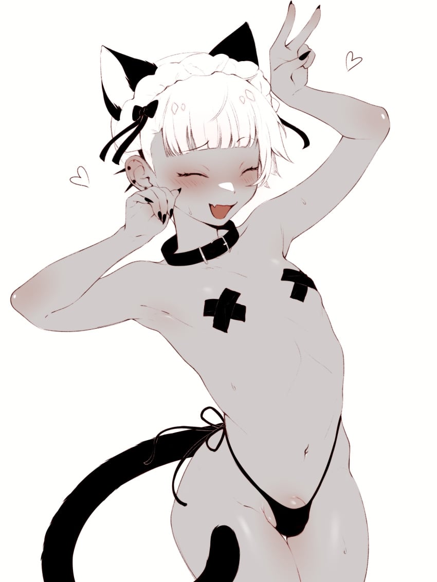 armpits arms_up black_and_white blush boy bulge bulge_through_clothing cat_ears cat_tail catboy closed_eyes collar ear_piercing femboy flesh_fang gomi-cake long_fingernails male male_only oerba_yun_fang open_mouth painted_nails panties pasties peace_sign smile sweat tan_skin white_hair