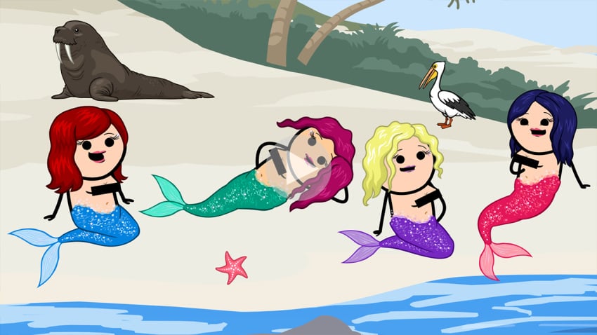 4girls accurate_art_style blonde_hair censor_bar censored cyanide_and_happiness dark_blue_hair fake_play_button fake_video female mermaid mermaid_tail multiple_girls parody pink_hair play_button red_hair tagme webcomic