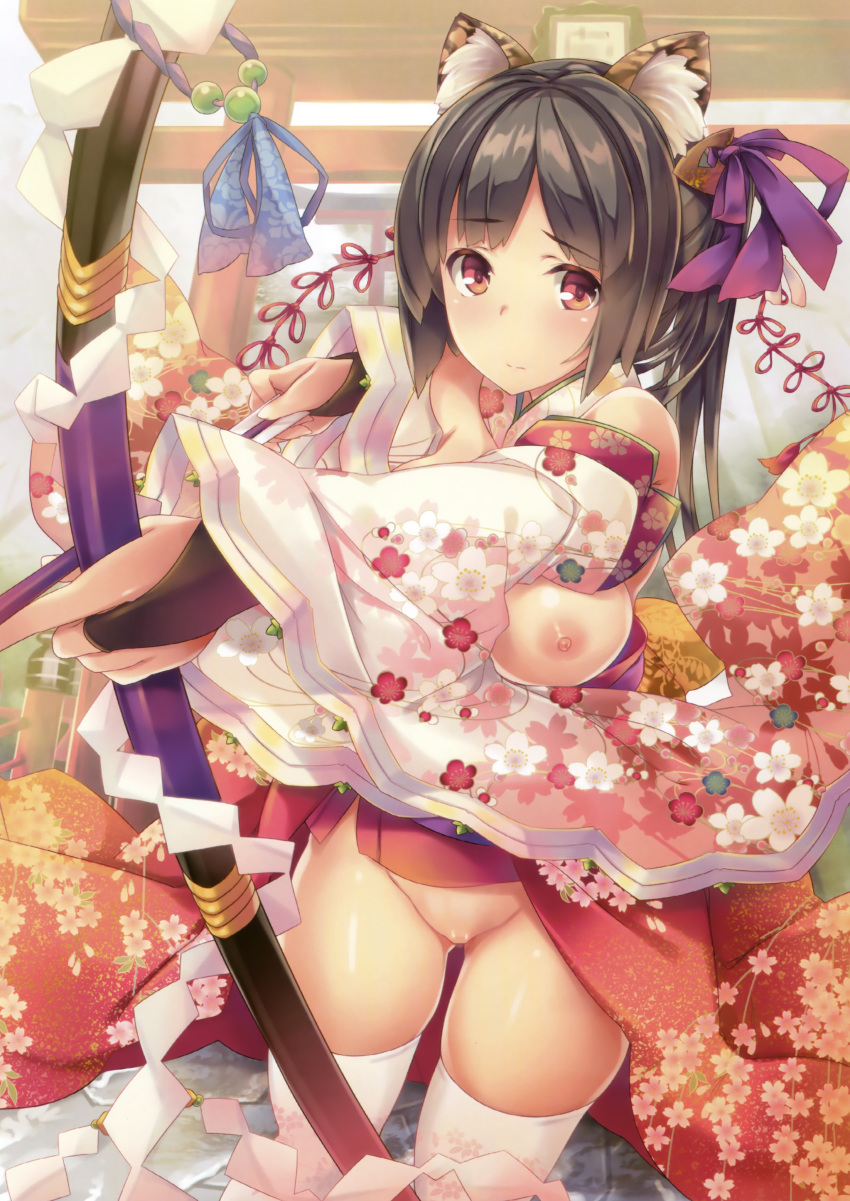 :d absurdres animal_ears arrow blush bow_(weapon) breasts breasts_out bridal_gauntlets brown_hair crotch expressionless female hair_ribbon highres japanese_clothes kimono no_panties no_pussy open_clothes open_mouth open_shirt purple_ribbon red_eyes ribbon shide shimakaze shirt smile solo thighhighs tiger_ears toranoana torii weapon