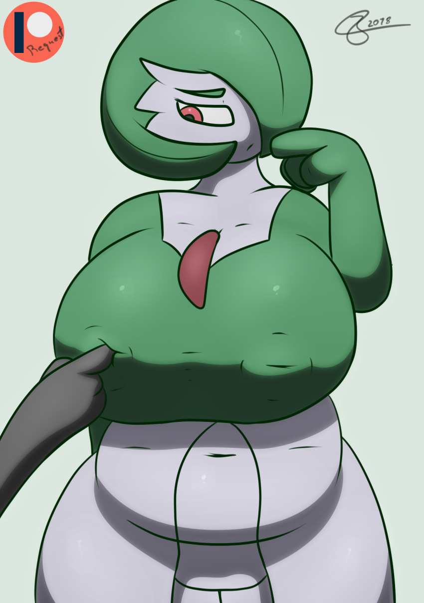 1girls 2018 ambiguous_gender areolae belly big_breasts bottomless breasts chubby clothing dress female gardevoir green_hair green_skin hair_over_one_eye half-closed_eyes huge_breasts humanoid inverted_nipples j5furry large_breasts mammal mature_female mother nintendo nipple_poke nipples parent pokémon_(species) pokemon pokemon_(species) pokemon_rse poking red_eyes short_hair solo standing text video_games watermark white_background white_skin