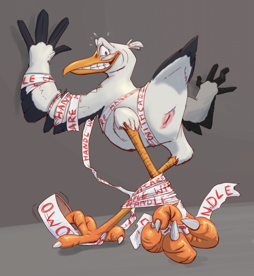 2016 amethystlongcat animal_genitalia avian bird blush bondage bound claws cloaca embarrassed grey_background hi_res junior_(storks) male male_only no_humans owo paws presenting presenting_cloaca semi-anthro simple_background smaller_version_at_source solo stork storks talons tape